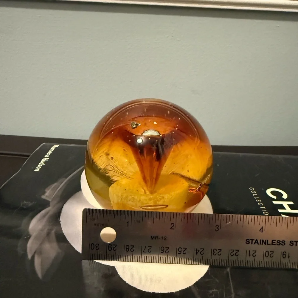 Vintage Glass Paperweight Ball Tornado Bubbles Art Glass in Amber
